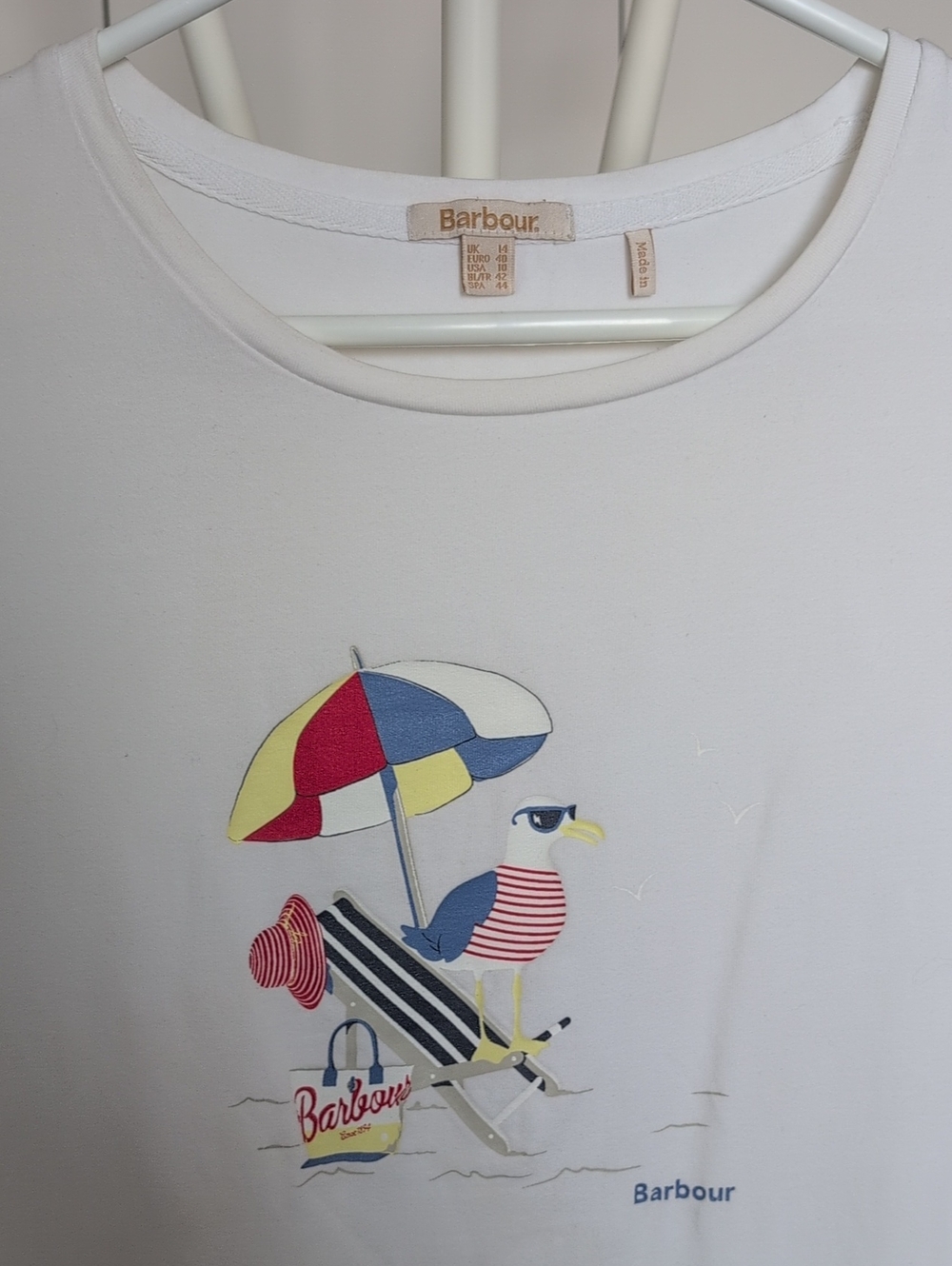 Barbour White Tee with Multicolor Beach Seagull Graphic